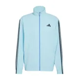 Campera deportiva Adidas de cuello alto con cierre frontal, confeccionada en tela técnica color celeste. Presenta las icónicas tres tiras en color azul oscuro a lo largo de las mangas y el logo de la marca estampado en el pecho.