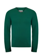 Sweater de hombre tejido en 100% cashmere, con diseño clásico de cuello en V y mangas largas. Presenta un acabado de alta calidad con borde en contraste en el escote, ofreciendo un aislamiento térmico superior y una textura suave al tacto.