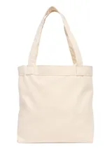 Bolso tipo tote de lona color crema con estampado gráfico de la marca Under Armour en color azul claro. Cuenta con un amplio compartimento principal y correas para llevar al hombro.
