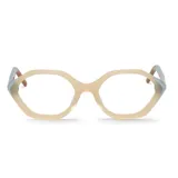 Armazón de anteojos con diseño geométrico hexagonal, fabricado en acetato color beige traslúcido con terminaciones en tono grisáceo en las varillas.