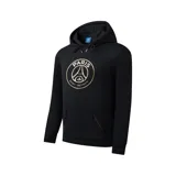 Buzo hoodie negro con el escudo del Paris Saint-Germain estampado en dorado en el pecho y bolsillos frontales con cierre.