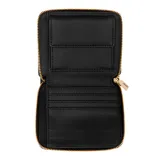 Billetera Guess Eco Gemma color negro con cierre de cremallera y logo triangular dorado en el frente.