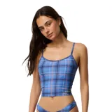 Top de tankini Rip Curl con tirantes finos y escote redondo, de corte ajustado y diseño crop en color azul con estampado de cuadros.