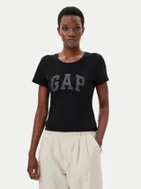 Remera de algodón negra con cuello redondo, mangas cortas y logo de la marca Gap estampado en el frente en tono gris oscuro.