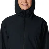 Campera impermeable Columbia modelo Blossom Park, color negro, con tecnología Omni-Tech, capucha integrada, cierre frontal completo y cintura ajustable con cordón.