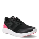 Championes deportivos Topper modelo Fast, de color negro con detalles en fucsia en el talón y la suela. Presentan una capellada de malla transpirable con refuerzos sintéticos, cierre con cordones y una entresuela blanca de amortiguación.