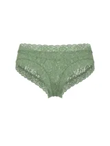 Bombacha tipo cheeky de encaje color verde, con diseño de baja altura y ribetes festoneados.