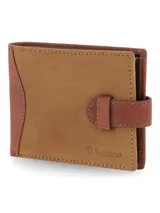 Billetera Terrano de diseño clásico, confeccionada en nobuck color tostado con detalles en cuero color marrón oscuro. Cuenta con presilla de cierre para mayor seguridad y compartimentos internos para organizar tarjetas, billetes y documentos.