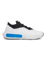 Championes Under Armour UA Phantom 4, color blanco y negro con detalles en azul. Combinan rendimiento técnico con diseño urbano, con parte superior textil estructurada, cuello de punto tipo calcetín, contrafuerte de TPU y amortiguación UA HOVR™+.
