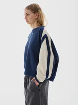 Buzo de felpa suave color azul marino con interior de frisa, calce oversized y detalles laterales a contratono en color beige en las mangas. Tiene un bordado del logo de la marca en el pecho y la palabra "PASTICHE" bordada en la espalda.