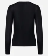 Suéter Cortelle de tricot color negro, con cuello redondo, manga larga y frisos delanteros, de diseño ajustado al cuerpo.