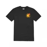 Remera negra de manga corta con logo de Etnies en el pecho y estampado de Santa Cruz Flame en la espalda.
