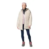 Campera tipo parka acolchada de largo medio, color beige, con capucha integrada, cierre frontal completo y bolsillos laterales con cremallera. Cuenta con tecnología de aislamiento térmico y acabado repelente al agua.
