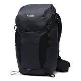 Mochila técnica Columbia de 24 litros, diseñada para senderismo. Presenta un diseño ergonómico en color negro con panel trasero de malla transpirable, tirantes acolchados, cinturón ajustable y compartimento compatible con sistemas de hidratación. Incluye funda impermeable, bolsillos laterales para botellas y fijaciones para bastones de trekking.