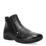 Botas de cuero negro con diseño casual, cierre lateral y costuras decorativas en contraste. Presentan una suela plana de goma antideslizante y un corte ergonómico que brinda comodidad para el uso diario.