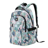 Mochila de lona impermeable con estampado de cactus y flores en tonos verdes, azules y rosados. Cuenta con compartimento principal con cierre, bolsillo frontal con cierre, bolsillos laterales, correas de compresión y compartimento interno para notebook.