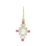 Aros colgantes de plata 925 bañada en oro 18 K con una prasiolita verde central, dos topacios azules y cuatro rubíes pequeños alrededor.