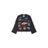 Buzo de cuello redondo Eme Studios, confeccionado en tejido waffle color negro, con múltiples estampados gráficos de estilo automovilístico y logotipos en el frente y las mangas.