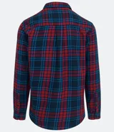 Camisa masculina de franela a cuadros en tonos rojo y azul, de corte comfort, con cuello camisero, manga larga y abotonadura frontal.