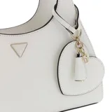 Cartera de hombro Guess modelo Isobel, color blanco, con estructura rígida y cierre superior. Presenta un dije colgante en forma de corazón con logo metálico y herrajes dorados.
