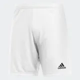 Short deportivo Adidas Entrada 22, color blanco liso, con cintura elástica y logo Adidas Badge of Sport en negro en la pierna izquierda.