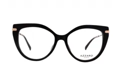 Anteojos de marco negro con detalles dorados en las esquinas superiores, de forma irregular con bordes redondeados.