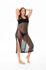 Vestido de playa negro de red con aberturas laterales.