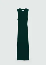Vestido largo de punto fino, color verde oscuro, con cuello redondo y diseño sin mangas de corte recto.