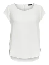 Blusa de corte holgado con cuello redondo y cierre frontal corto. Presenta mangas cortas tipo casquillo y un diseño con dobladillo curvo más largo en la parte posterior.