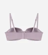 Soutien sin breteles color marrón, con copa hueca, tirantes desmontables y cierre en la espalda.