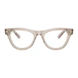 Lentes de receta Ray-Ban con armazón de acetato transparente en tono rosado, diseño estilo cat-eye con detalles metálicos en las bisagras.