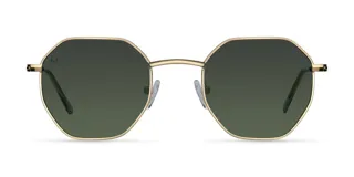 Lentes de sol con armazón geométrico dorado de acero inoxidable y lentes polarizados verdes.