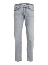 Pantalón de jean gris de corte recto, con tiro medio y lavado claro.