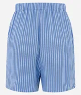 Short de viscosa y lino a rayas verticales azules y blancas, con cintura elástica ajustable con cordón.