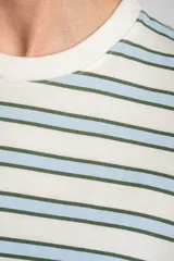 Remera de algodón peinado con diseño de rayas horizontales en tonos celeste, verde y blanco, de manga corta y corte clásico.