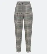 Pantalón zanahoria de sastrería con estampado de cuadros, bolsillos laterales, botón en la cintura y cierre por botón y cremallera.