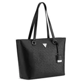 Cartera Guess modelo Jillian de tipo tote, color negro con diseño grabado de monograma en toda la superficie, doble asa de hombro y detalle de llavero colgante. Cuenta con placa metálica triangular con el logo de la marca en el frente.