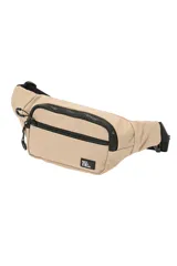 Riñonera color beige con cierres negros, bolsillo frontal y etiqueta con la inscripción "Not Just a Bag".