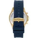 Reloj Maserati Sfida con caja dorada de acero inoxidable de 44mm de diámetro, esfera azul con cronógrafo y detalles dorados, cristal mineral y correa de silicona azul. Resistente al agua hasta 100 metros.