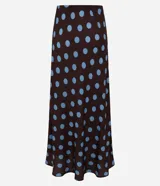 Pollera long midi de viscosa color marrón con estampado de lunares celestes.