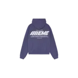 Hoodie oversize de color azul, con capucha y bolsillo tipo canguro, confeccionado con acabado lavado. Presenta un gran estampado gráfico en la espalda con la inscripción de la marca y texto descriptivo en color blanco.