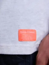 Remera gris de corte clásico con estampa artística en la espalda que representa capas geológicas coloridas y la palabra Biosphere.