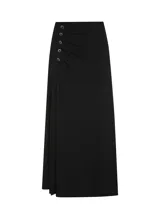 Vestido midi negro de punto, con un solo hombro, detalle de nudo en el hombro y botones metálicos decorativos en el lateral.