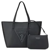 Cartera tipo tote bag Guess modelo Keira, color negro con textura saffiano, doble asa superior y logo triangular frontal en relieve. Incluye un pequeño neceser desmontable con cierre y inscripción de la marca.