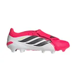 Championes de fútbol Adidas Predator League FT FG, con diseño en color blanco, fucsia y detalles en negro. Presentan una lengüeta plegable característica de la línea Predator, suela con tapones para terreno firme y el logo de la marca en el empeine.