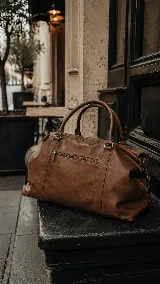 Bolso de viaje tipo duffel, confeccionado en cuero napa, con doble asa de mano, cierre principal superior y bolsillo frontal con cierre metálico.