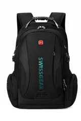 Mochila urbana Swissgear de color negro, con múltiples compartimentos con cierre, correas ajustables y asa superior reforzada. Presenta el logo de la marca en la parte frontal.