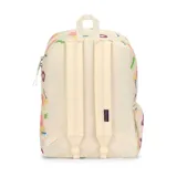 Mochila Jansport modelo Cross Town, color beige con estampado geométrico y abstracto en tonos verde, rosa, violeta y azul. Cuenta con un compartimento principal amplio, un bolsillo frontal con cierre, bolsillo lateral de red y parche con el logo de la marca en el frente.
