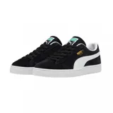 Championes Puma Suede Classic de gamuza negra con la icónica franja lateral blanca y suela de goma blanca.