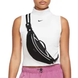 Riñonera negra con logo Nike bordado en azul, cierre superior con cremallera y correa ajustable con hebilla.